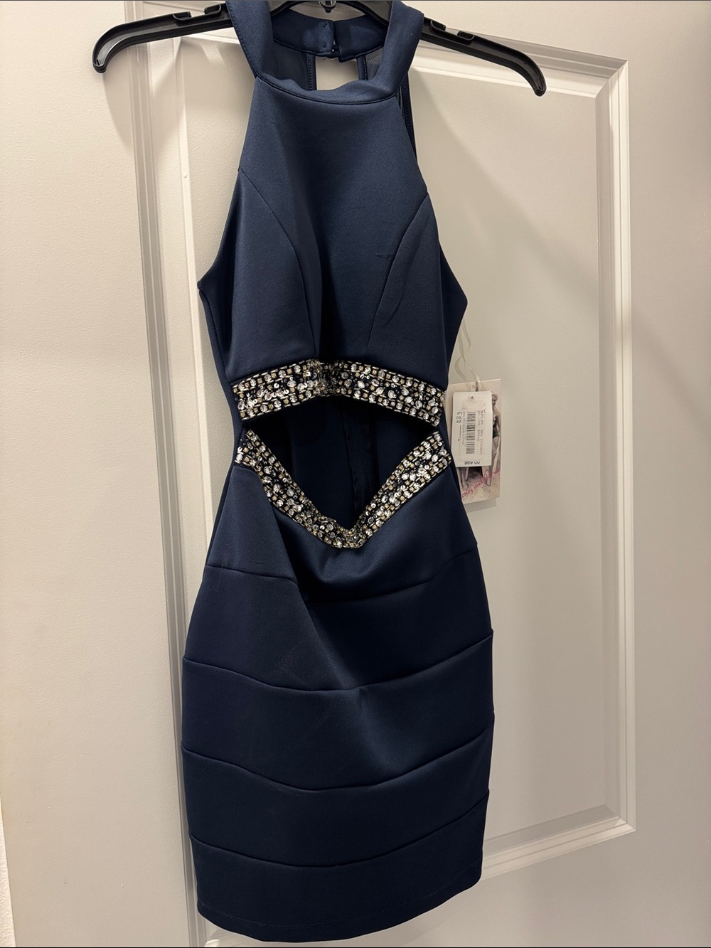 Honey and Rosie Navy Cutout Halter Mini with Beaded Trim